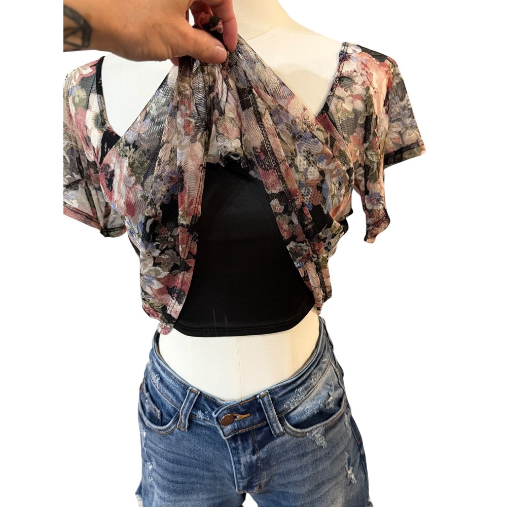 Wet Seal Floral Mesh Overlay Crop Top Built-in Cami Black XS Y2K Fairy Grunge - Picture 3 of 16
